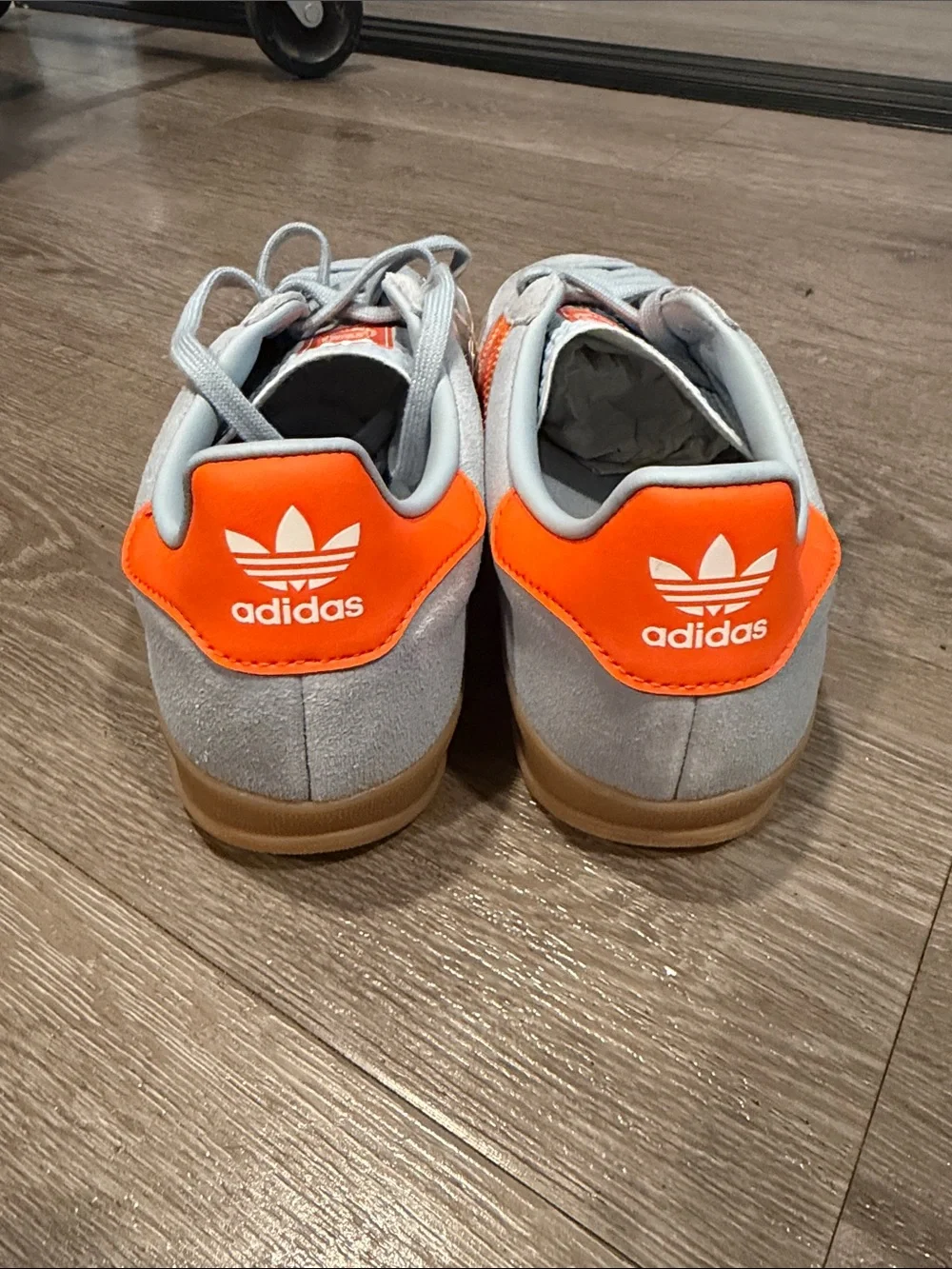 adidas gazelle indoor — baby blue with Bright Orange Stripes